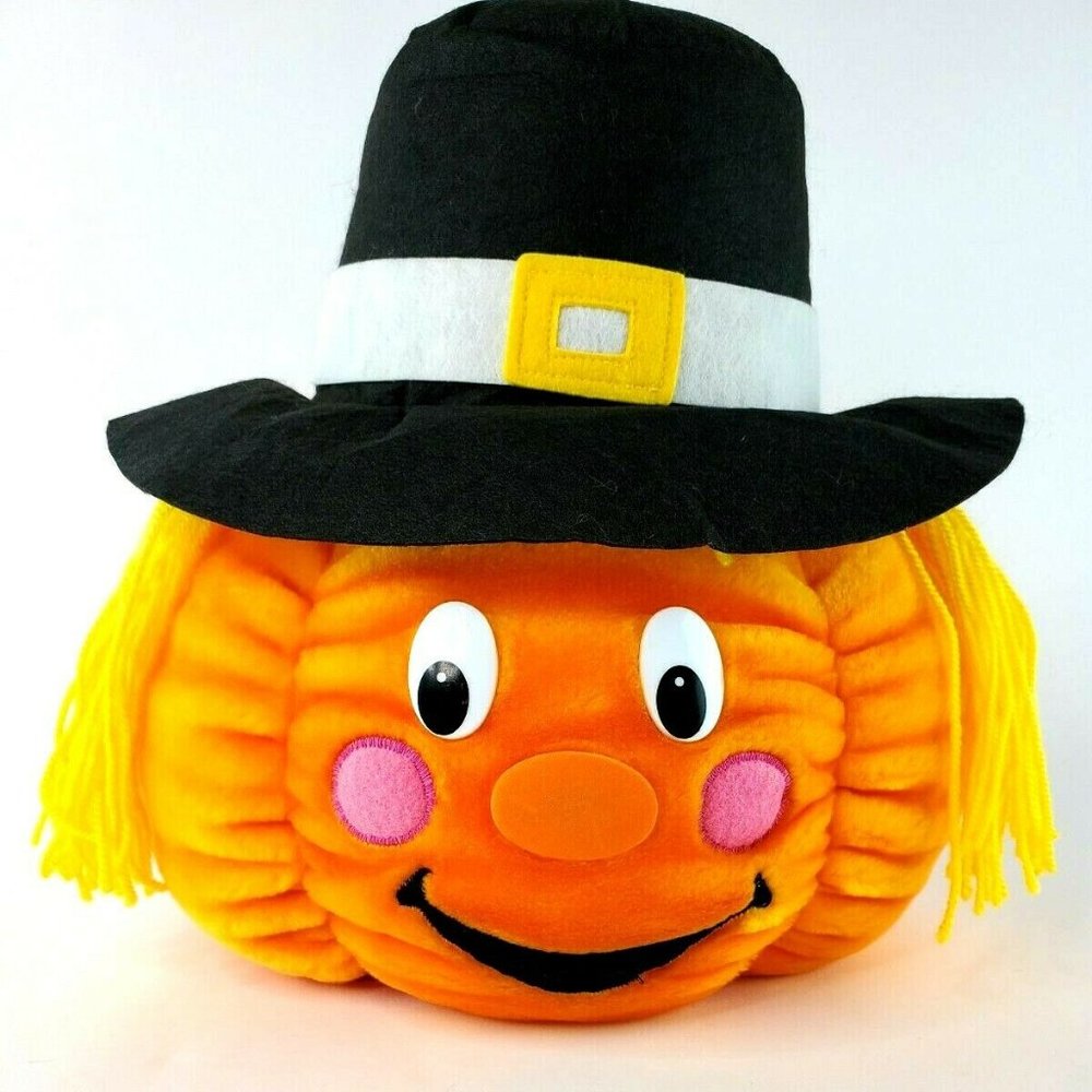 Vtg BIG Plush Smiling Blonde Pumpkin Head Halloween Thanksgiving Decoration EUC